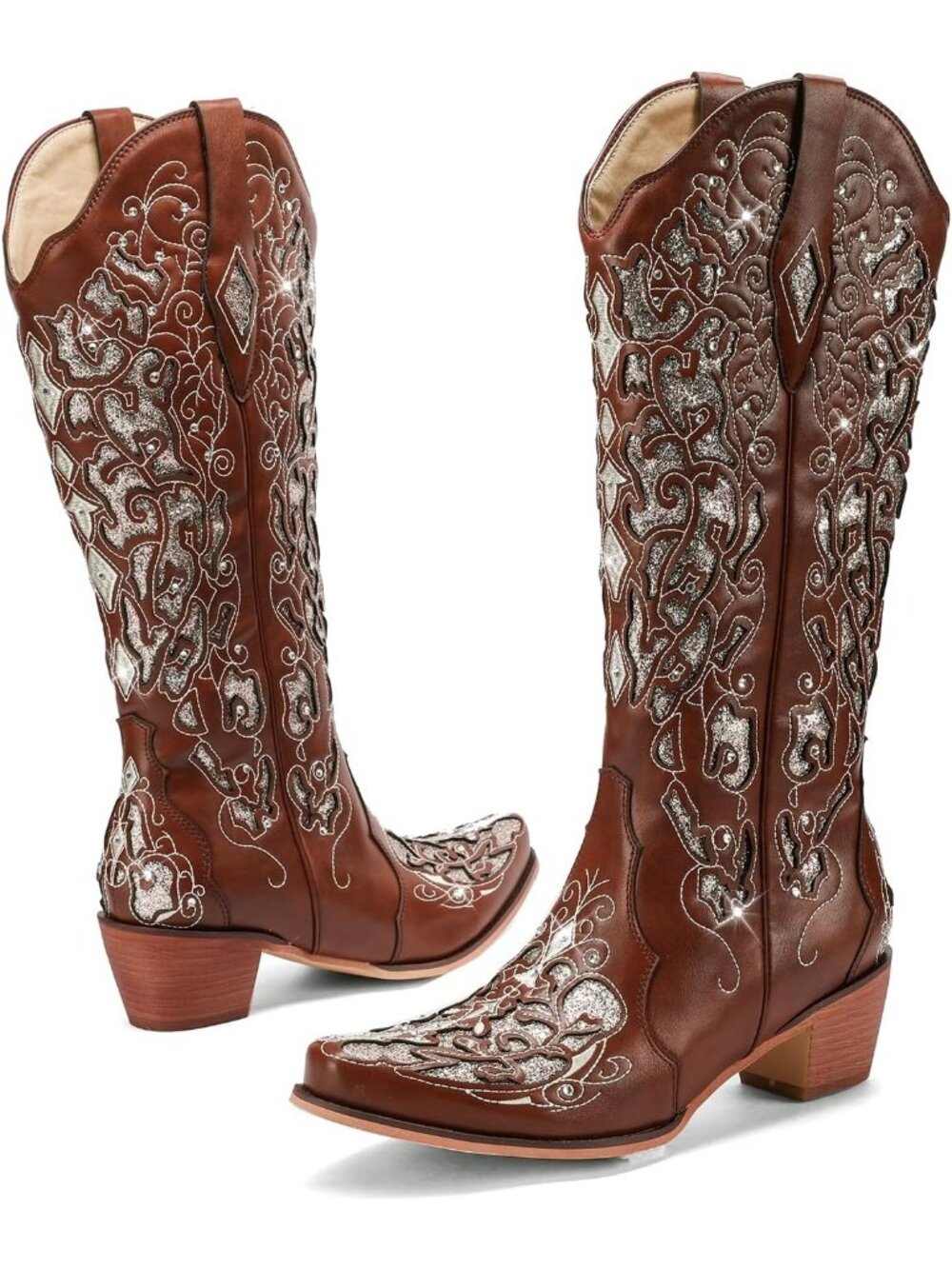 Women's Brown Comfortable Chunky Rhinestone Sparkle Glitter Heel Western Boots